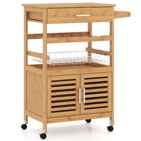 Carrito de cocina móvil de bambú con ruedas, compartimento para vino y cajones, 69 x 37 x 89 cm, color natural