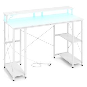 Escritorio gaming blanco de madera y metal con tira LED, enchufe EU y estantes 120 x 50 x 87 cm