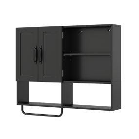 Armario de pared para baño de madera sintética negro con 2 puertas y 4 niveles 77 x 14,5 x 64 cm