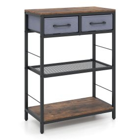Mesa consola rústica con cajones de tela y estantes, estructura metálica, 60 x 30 x 81 cm, marrón rústico