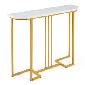 Mesa consola moderna con encimera imitación mármol y marco metálico dorado 110 x 30 x 91 cm
