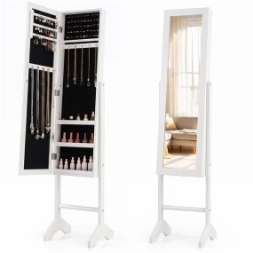 Armario de joyas blanco con espejo de cuerpo completo y almacenamiento magnético 35 x 34 x 154 cm