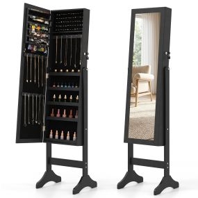 Armario joyero de pie con espejo de cuerpo entero, cierre con llave, negro, 40 x 36 x 156 cm