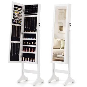 Armario joyero de pie con espejo, cierre con llave, 40 x 36 x 156 cm, blanco