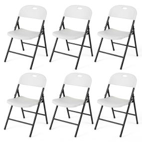 Juego de 6 sillas plegables de plástico con patas de metal, asiento cóncavo y respaldo curvado, blanco