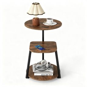 Mesa auxiliar industrial de madera y hierro negro, 3 niveles, 42,5 x 42,5 x 61 cm, marrón