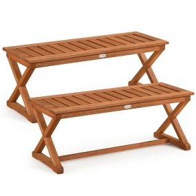 Juego de 2 bancos largos de madera dura para exterior con patas en X, 200 kg, 110 x 42 x 43 cm, marrón