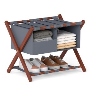 Portaequipaje de Bambú Plegable con Bolsa Almacenamiento Compartimentos Abiertos y Semiabiertos 50 kg 68 x 43,5 x 43,5 cm Nogal