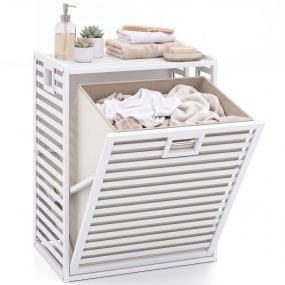 Cesta de Ropa Sucia de Bambú con Tapa Total Cubridora Extracción Lateral Cesta Lavable para Dormitorio y Baño 50 x 35 x 64 cm Blanco