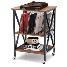 Mesa Auxiliar 3 Niveles Estante de Discos Rodante Soporte de Almacenamiento de Vinilo 3 Divisores Ruedas para Salón Dormitorio Marrón