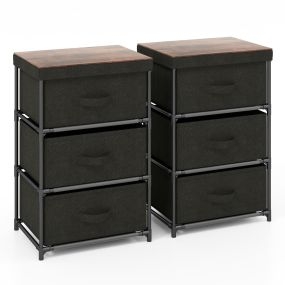2 Cómoda de 3 Niveles de Tela Mesilla de Noche con 3 Cajones Unidad de Organización Estructura Metálica para Dormitorio Pasillo Entrada Negro