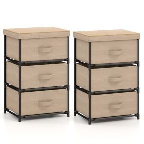 2 Cómoda de 3 Niveles de Tela Mesilla de Noche con 3 Cajones Unidad de Organización Estructura Metálica para Dormitorio Pasillo Entrada Café