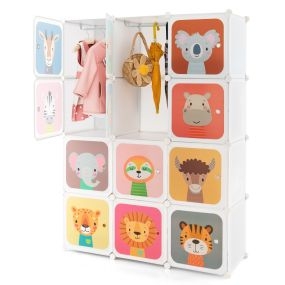 Armario Portátil para Niños 12 Cubos con 2 Secciones para Colgar Cubos para Juguetes Organizador Modular DIY-Blanco