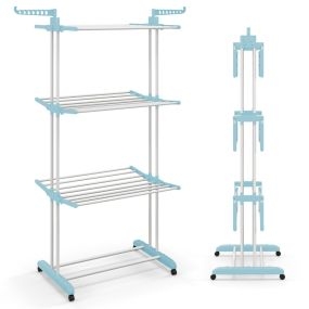 Perchero Plegable de 4 Niveles Soporte Independiente para Secar Ropa con Ruedas para Terraza Toallas Zapatos 127 x 63 x 171 cm Azul y Negro
