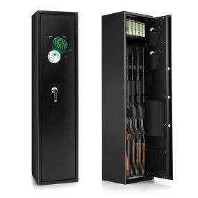 Caja Fuerte 5 Rifles Teclado Digital Bolsillos Pistolas Modo Silencioso Acceso Rápido Huella Dactilar Hogar Negro