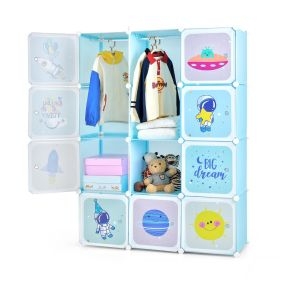 Armario Modular Infantil Portátil Estantería de 12 Cubos con 2 Secciones de Colgar para Juguetes Zapatos Ropas 107 x 36 x 142 cm Azul
