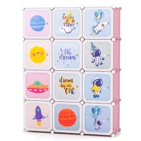 Armario Infantil Portátil Armario de 12 Cubos para Bebés con 2 Secciones de Colgar para Dormitorio 107 x 36 x 142 cm Rosa