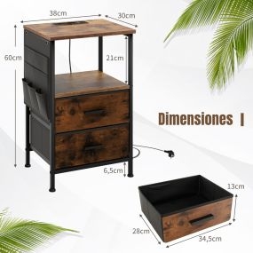 Mesita de Noche con Estación de Carga Cajones y Bolsillos Laterales Mesa Auxiliar con Puertos USB y Salidas de CA 38 x 30 x 60 cm-Juego de 2