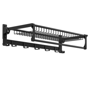 Toallero de baño plegable de aluminio negro con barra ajustable, ganchos móviles y estante 59,5 x 26 x 14 cm