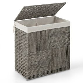 Cesta plegable para ropa sucia 110 L de ratán tejida a mano con tapa y asas, gris