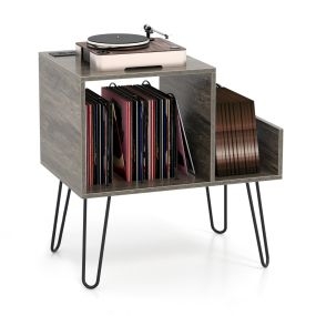 Soporte para Tocadiscos con Enchufe Mesa Auxiliar con Divisor para Hasta 145 Álbumes y Estante de Exhibición con Patas de Metal Gris