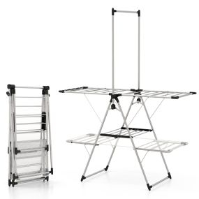 Estante de Secado de Ropa Plegable Soporte de 2 Niveles con Barra de Colgar Ala Ajustable Clips para Calcetines Gancho Interior Exterior