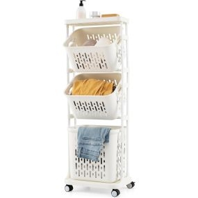 Carro de Cesto de Ropa de 3 Niveles Organizador de Clasificación de Ropa con 4 Ruedas 3 Cestas para Baño Lavandería Dormitorio Blanco