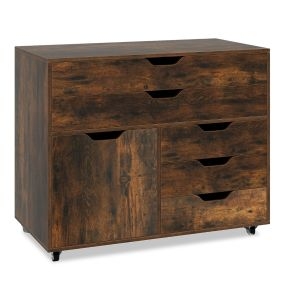 Cómoda de 5 Cajones Móvil con Puerta 5 Ruedas Archivador Lateral Rodante Soporte para Impresora Gabinete de Almacenaje para Oficina Marrón