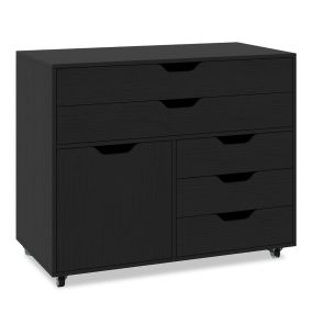 Cómoda de 5 Cajones Móvil con Puerta 5 Ruedas Archivador Lateral Rodante Soporte para Impresora Gabinete de Almacenaje para Oficina Negro