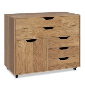 Cómoda de 5 Cajones Móvil con Puerta 5 Ruedas Archivador Lateral Rodante Soporte para Impresora Gabinete de Almacenaje para Oficina Natural