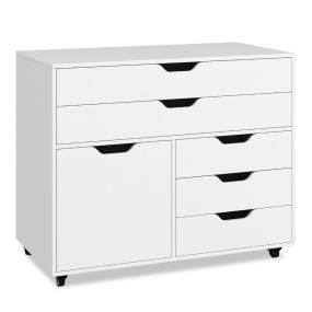 Cómoda de 5 Cajones Móvil con Puerta 5 Ruedas Archivador Lateral Rodante Soporte para Impresora Gabinete de Almacenaje para Oficina Blanco