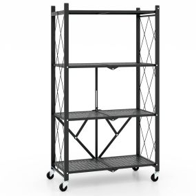Estante de Almacenamiento Plegable de 4 Niveles con Ruedas Unidad de Estantería de Metal Organizador para Cocina Salón Taller Garaje Negro
