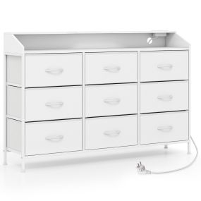 Cómoda para Dormitorio con Luces LED Estación de Carga 9 Cajones de Tela Estructura Metálica para TV hasta 58" Blanco