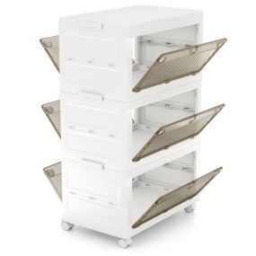 Cajonera de Almacenamiento Plásticos de 126 L de 3 Niveles Cajas Apilables Plegable con Tapa Ruedas para Dormitorio Salón Blanco