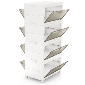 Cajonera de Almacenamiento Plásticos de 168 L de 4 Niveles Cajas Apilables Plegable con Tapa Ruedas para Dormitorio Salón Blanco