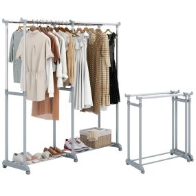 Perchero Doble Barra con Ruedas Altura Ajustable y Ancho Extensible Metal Resistente para Vestidor Lavandería o Sala 140-195 cm Gris