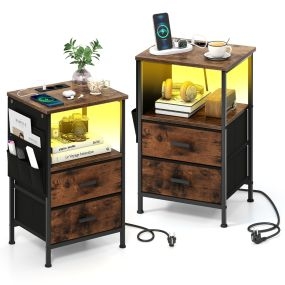 Set de 2 Mesitas de Noche con Carga USB y LED con 2 Cajones Plegables y 1 Compartimento y Ruedas Ajustables 38 x 30 x 60 cm Marrón