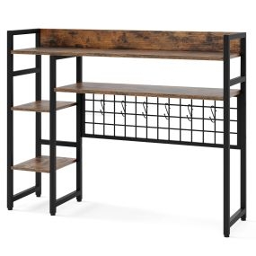 Estantería de Escritorio Sobremesa 4 Niveles y Compartimento Abierto Trasero 6 Ganchos Escritorio de Madera 94 x 25 x 73,5 cm Marrón