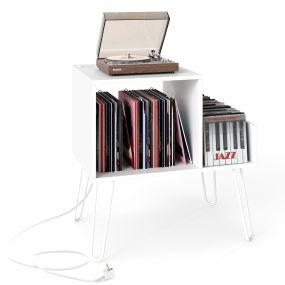 Soporte para Tocadiscos con Estación de Carga Separador Desmontable Estante Exhibición de Vinilos para Dormitorio Sala Oficina Blanco