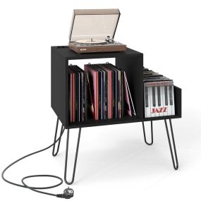 Soporte para Tocadiscos con Estación de Carga Separador Desmontable Estante Exhibición de Vinilos para Dormitorio Sala Oficina Negro