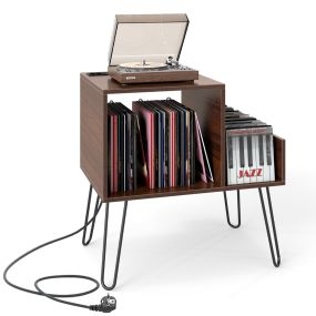 Soporte para Tocadiscos con Estación de Carga Separador Desmontable Estante Exhibición de Vinilos para Dormitorio Sala Oficina Nogal