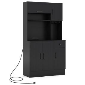 Alacena de 167 cm de Altura con Aparador y Tomas de Corriente con Soporte para Copas Cajón Estantes Ajustables para Comedor Negro