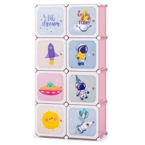 Armario Infantil Portátil Armario de 8 Cubos para Bebés con Zona de Colgar para Dormitorio 71 x 35,5 x 142 cm cm Rosa