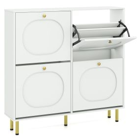 Armario zapatero delgado de 4 puertas abatibles con patas metálicas 100 x 24 x 98 cm blanco