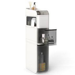 Armario de baño estrecho de 18 cm, 4 niveles, 2 cajones, plástico blanco