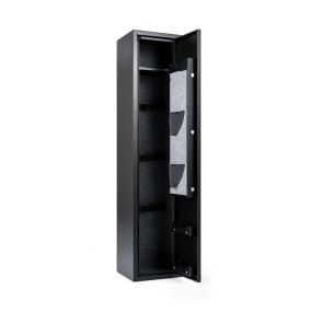 Armario delgado para armas negro de acero laminado en frío con alarma y luz LED, capacidad 5 fusiles, 30 x 28 x 138 cm