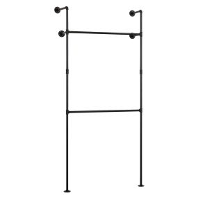 Perchero de pared industrial negro con 2 barras y estructura metálica de 2 niveles