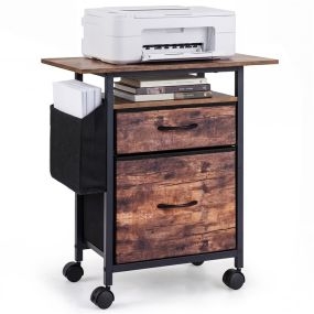 Mueble archivador industrial con ruedas de freno, 2 cajones de tela y bolsa lateral, 61 x 38 x 66,5 cm, marrón