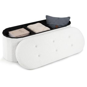 Banco de Almacenamiento Elíptico de Felpa Teddy con Divisor Interno Carga 150 kg Fácil de Montar Plegable Resistente 109 x 38 x 39 cm Blanco