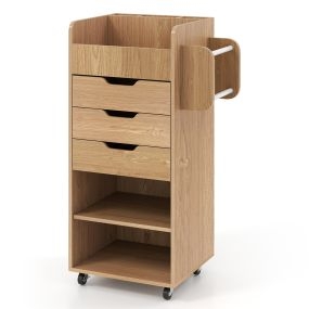 Carrito utilitario con 3 cajones, estante ajustable, ruedas bloqueables y compartimentos, natural